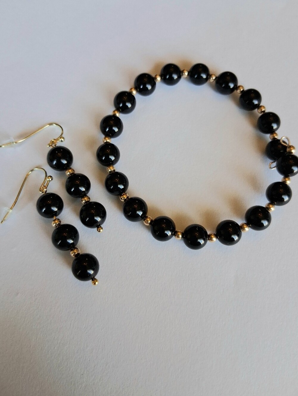 Black Bead Bracelet W/Gold Tones and Drop Pierced Earrings Set